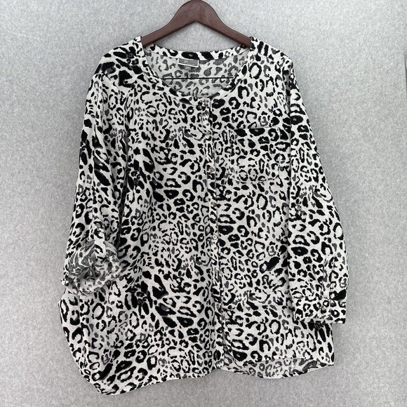 JM Collection 100% Linen Blouse Womens Size 18W Animal Print Tab Sleeves Pocket - Picture 1 of 7